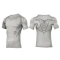 Grey compression t-shirt showing front and back views with breathable mesh panels - S / Tops / Gray with Gray Print