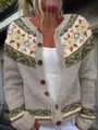 Detailed view of women's knitted cardigan with colorful Nordic pattern and buttons - S / Tops / 9061 Gray
