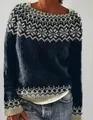 Maglione in maglia blu scuro da donna con motivo nordico e girocollo dal design invernale - 3XL / Top / Color Block (8706)
