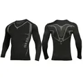 Men's black long-sleeved compression shirt with grey geometric patterns - S / Tops / Black with Gray Print (Long Sleeve Style)