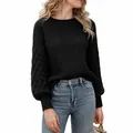 Stylish black knitted sweater for women featuring lantern sleeves and classic round neck - S / Tops / Black