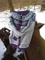 Detail showing a Fair Isle knit cardigan with purple patterns and flower buttons. - S / Tops / Purple (9086 Purple)