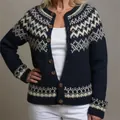 Cardigan classico da donna blu navy a maglia con motivo Fair Isle nordico e bottoni in legno - 3XL / Top / Jacquard Blu Scuro (8977)