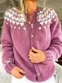 Detail of purple knit cardigan featuring Fair Isle pattern and wooden buttons. - S / Tops / Mauve