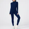 Full length navy blue long sleeve yoga jumpsuit with front zipper and thumb holes - Navy Blue