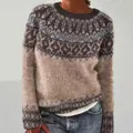 Elegante maglione da donna in maglia larga con girocollo e motivo Fair Isle in toni terra - 3XL / Top / Color Block Caffè (8709)