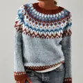 Elegante maglione in maglia da donna con blocchi di colore, vestibilità ampia e girocollo - 3XL / Top / Blu Chiaro (8707)