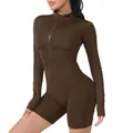 Body marrón ajustado de manga larga con cremallera para yoga y entrenamiento físico - S / Top y Pantalones / Café