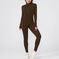Women's brown fleece-lined long sleeve thermal jumpsuit for fitness yoga and workout - S / Top And Bottom / Coffee