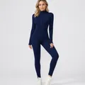 Fleece lined long sleeve navy blue yoga bodysuit jumpsuit for women winter fitness - S / Top And Bottom / Navy Blue