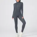 Thermal fleece-lined long sleeve yoga bodysuit for women in grey fitness jumpsuit - S / Top And Bottom / Gray