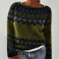 Vintage style loose knit crew neck sweater with colorful jacquard pattern for women - S / Tops / Army Green (Vintage Color Block)
