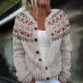 Vintage loose-fit knitted cardigan for women with elegant floral pattern and buttons - 3XL / Tops / Oatmeal