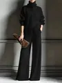 Sophisticated black ribbed knit ensemble featuring high neck cardigan and flowing wide-leg pants - XS / Top And Bottom / Black