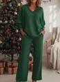 Cozy green sparkly V-neck two-piece loungewear set in festive Christmas holiday decor - Green