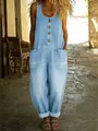 Full view of vintage sleeveless denim jumpsuit with front buttons and pockets - S / Top And Bottom / Light Blue
