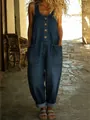 Vintage wide-leg denim jumpsuit for women featuring front buttons and large utility pockets - S / Top And Bottom / Navy Blue