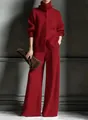 Elegant red knit set featuring high neck cardigan and wide leg trousers for winter - XS / Top And Bottom / Red