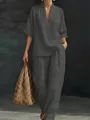 Elegant grey V-neck short sleeve top and loose wide-leg trousers set for summer fashion - S / Top And Bottom / Dark Gray
