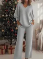 Detailed view of silver glittery two-piece holiday set with V-neck sweatshirt and pants. - S / Top And Bottom / Gray