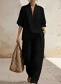 Elegant black V-neck short sleeve top and wide-leg trousers two-piece set for women - S / Top And Bottom / Black