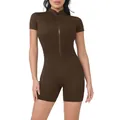 Premium slim fit brown short sleeve zipper bodysuit romper for women yoga and fitness - S / Top And Bottom / Coffee