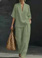 Stylish sage green linen-blend V-neck short sleeve top and loose wide-leg pants set - Light Green