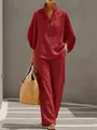 Ensemble décontracté deux pièces bordeaux aspect lin avec haut boutonné et pantalon large - S / Haut Et Bas / Rouge