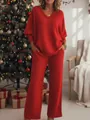 Festive red glitter two-piece lounge set featuring a V-neck top and wide-leg trousers - S / Top And Bottom / Red