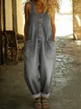 Full view of a vintage grey sleeveless denim jumpsuit with wide legs and front buttons - S / Top And Bottom / Gray