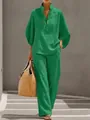 Elegant green linen-like two-piece women's set featuring button-up shirt and wide-leg pants - S / Top And Bottom / Green
