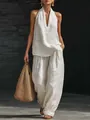 Full-body view of white French-style halter neck top and wide-leg linen pants set - S / Top And Bottom / White