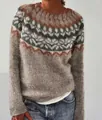 Women's loose crewneck knit sweater with Fair Isle geometric pattern in brown - S / Tops / Camel (Fair Isle)