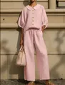 Detailed look at the pink cotton linen lantern sleeve blouse and matching drawstring pants - XS / Top And Bottom / Pink