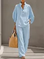 Stylish light blue linen two-piece set featuring button-up shirt and loose wide-leg trousers - S / Top And Bottom / Sky Blue