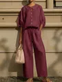 Elegant maroon cotton linen set with lantern sleeves and wide-leg drawstring trousers. - XS / Top And Bottom / Burgundy