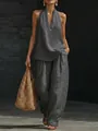 Elegantes Set aus französischem Neckholder-Oberteil mit V-Ausschnitt und weiter Hose - Dunkelgrau