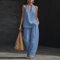 Elegantes hellblaues Set aus Neckholder-Top mit V-Ausschnitt und weiter Leinenhose - XS / Oberteil Und Unterteil / Himmelblau