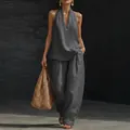 Elegantes kohlengraues Leinen-Halter-V-Ausschnitt-Top und weite Hose Set für Damen - Dunkelgrau