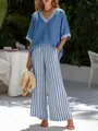 Damen Leinen-V-Ausschnitt-Top kombiniert mit blau gestreiften Weitbeinhosen-Set - XS / Oberteil Und Unterteil / Blau