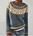 Elegant women's round neck Fair Isle knit pullover sweater in blue and grey marl - S / Tops / Sea Blue (Color Block Jacquard)