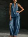 Vista detallada del conjunto de top halter de mezclilla y pantalones anchos vintage - S / Top Y Pantalón / Azul