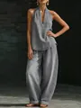 Conjunto de dos piezas de denim gris con top halter y pantalones anchos al detalle - S / Top Y Pantalón / Gris
