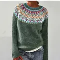 Women's forest green knit sweater featuring a colorful vintage Fair Isle yoke pattern - S / Tops / Green (Color Block Jacquard)
