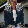 Elegante cardigan in maglia da donna stile nordico con motivo color-block e bottoni. - 2XL / Top / Jacquard blu scuro