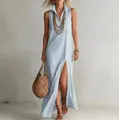 Macro view of the striped fabric and split leg detail on this sleeveless summer maxi dress. - S / Tops / Blue