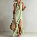 Green and white striped sleeveless maxi dress with stand-up collar and front split. - S / Tops / Green