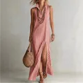 Detailed view of red and white striped maxi dress with stand collar and high slit - S / Tops / Red