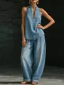 Conjunto vaquero retro para mujer con top halter y pantalones anchos, vista de cuerpo. - S / Top Y Pantalón / Azul claro