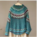 Cozy vintage teal Fair Isle knit pullover sweater featuring colorful geometric pattern - S / Tops / Lake Blue (Color Block Jacquard)